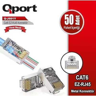 QPORT Q-J601Y CAT6 RJ45 KONNEKTÖR YENİ NESİL EZ METAL 50 Lİ PAKET
