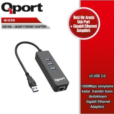 QPORT Q-U3G USB3.0 GIGABIT ETHERNET VE 3PORT USB ÇOKLAYICI
