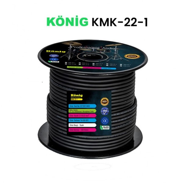 KÖNİG KMK-22-1 2X0,22 MM 100 LÜK MAKARA STEREO MİKROFON KABLOSU SİYAH