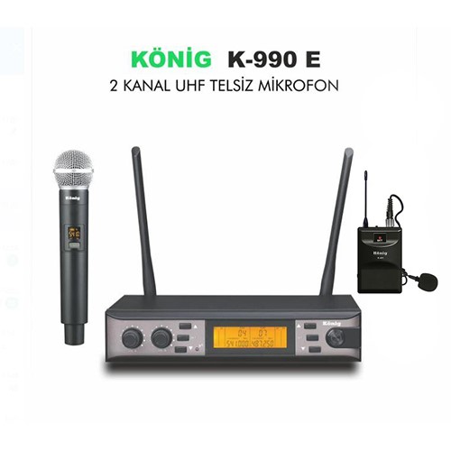 KÖNİG K-990 E-Y 2X100 KANAL 1 EL   1 YAKA UHF KABLOSUZ MİKROFON HEAD SET DAHİL